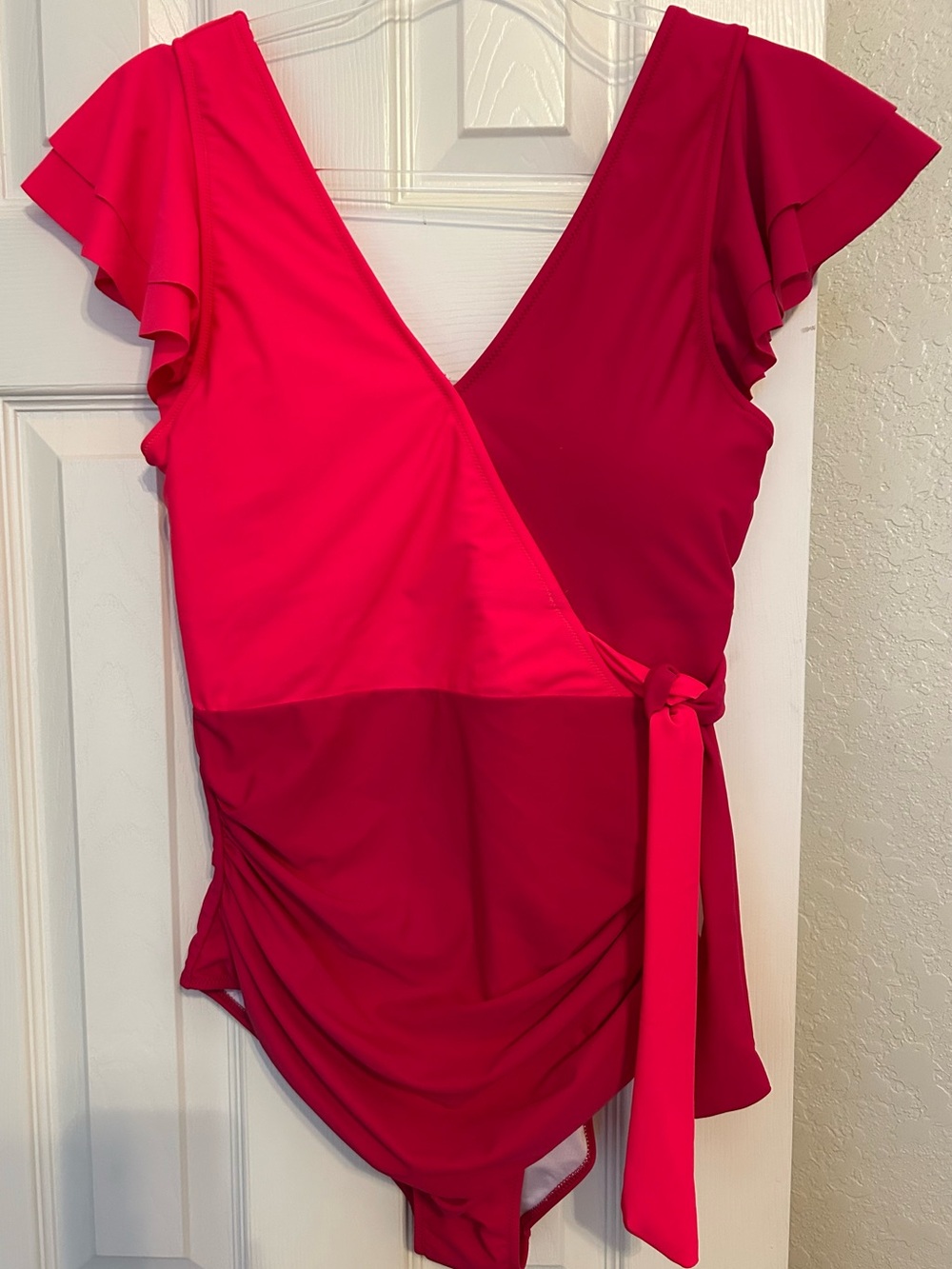 Colorblock Faux-Wrap One-Piece Swimsuit in Fuchsia and Berry